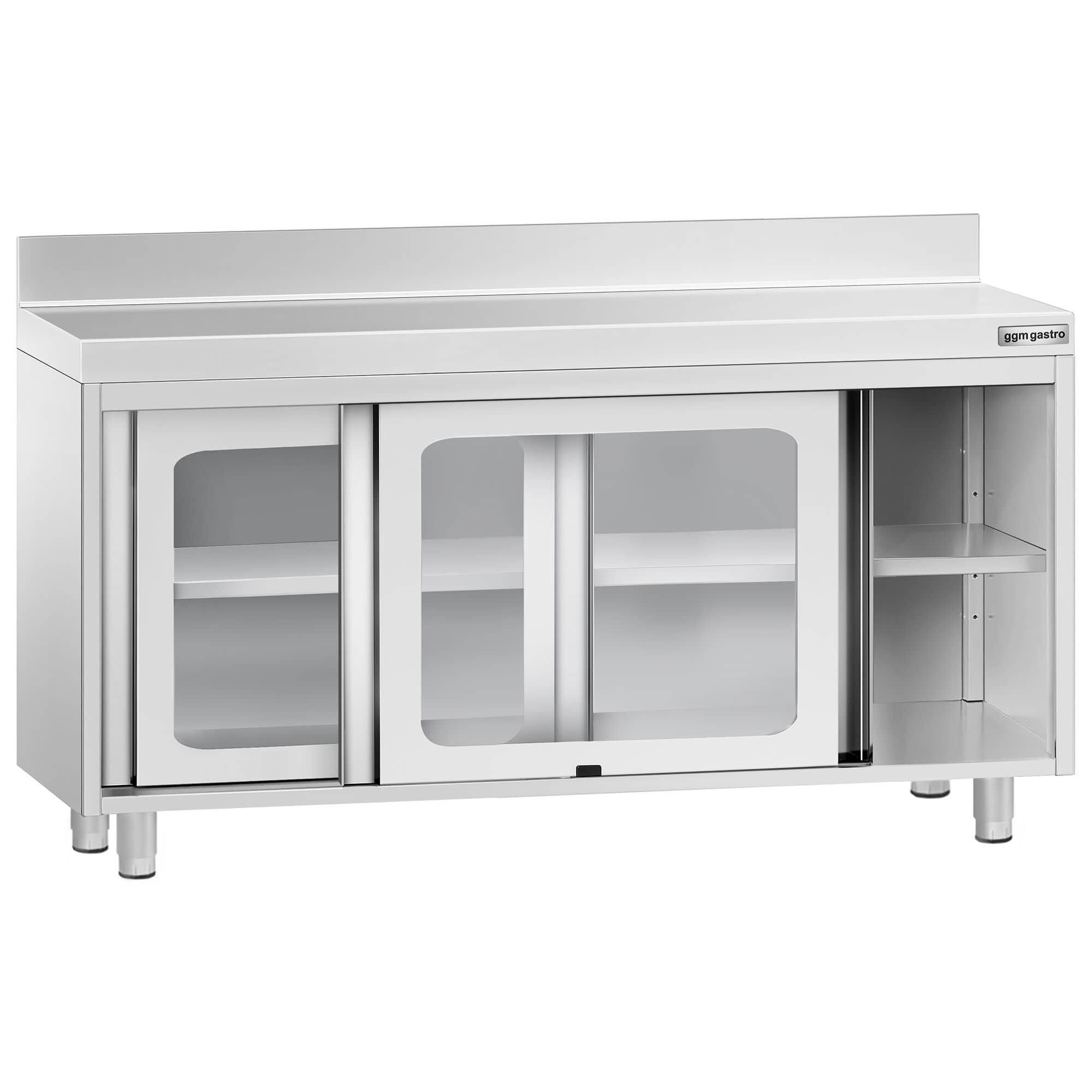 Masă de lucru tip dulap din oțel inoxidabil PREMIUM - 1400x600 mm - uși glisante din sticlă - cu rebord — 5