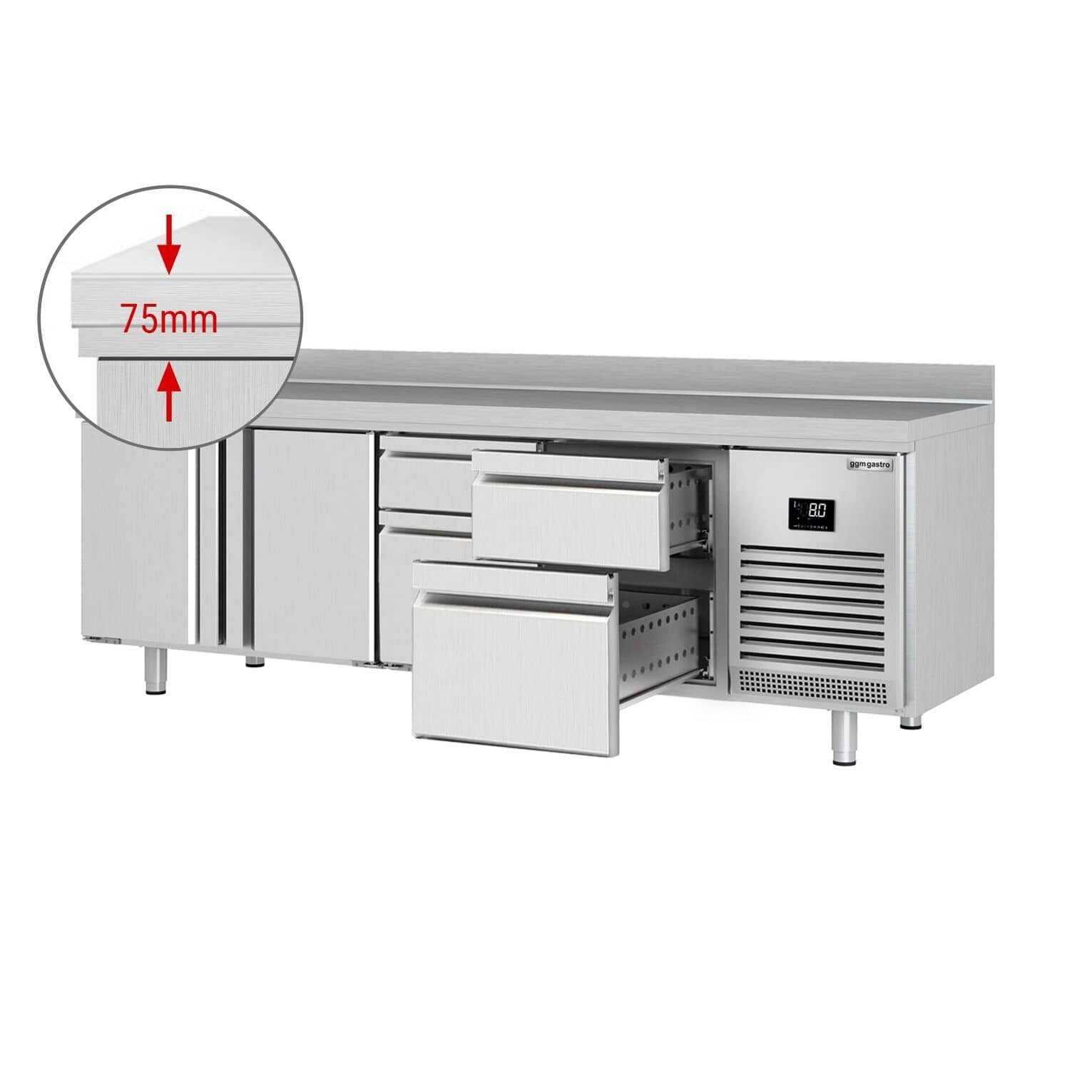Masă frigorifică Premium PLUS – 2452 x 700 mm – cu 2 uși – 4 sertare – cu rebord — 2