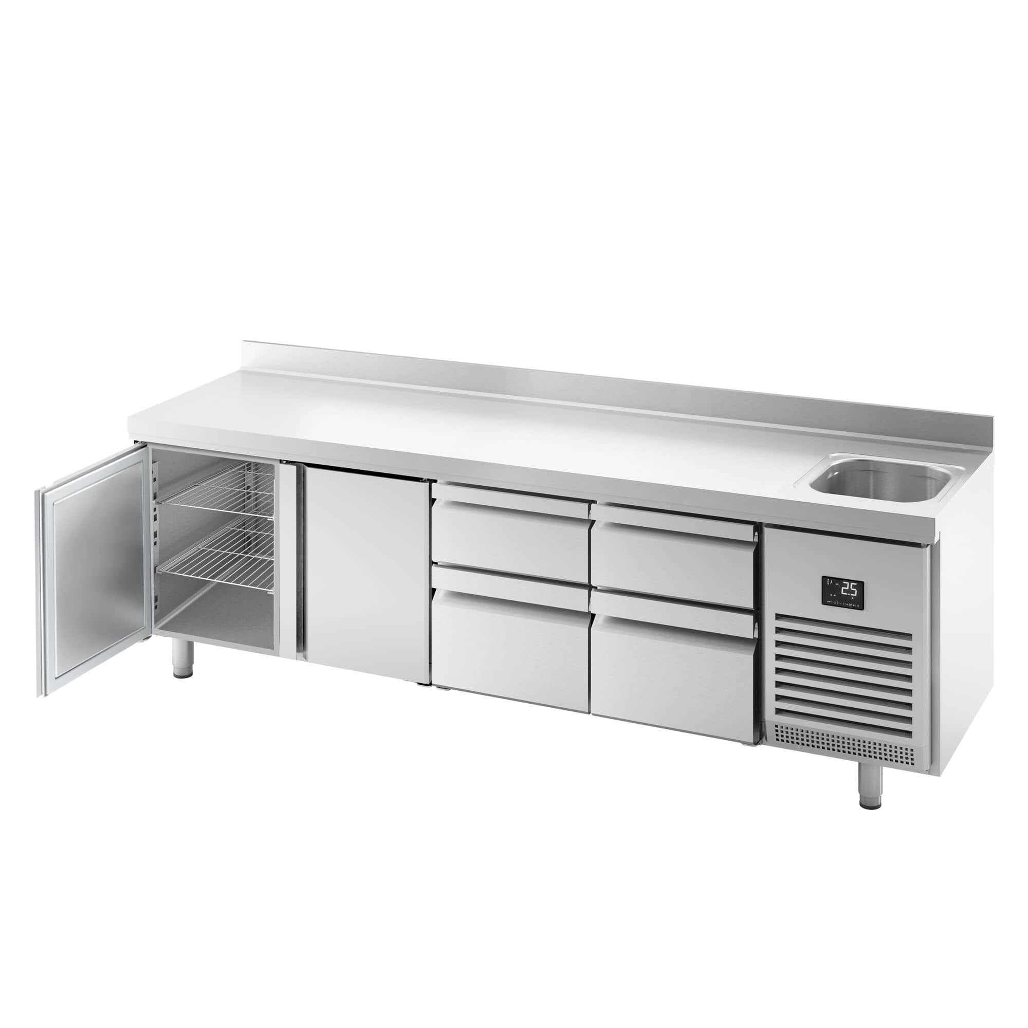 Masă frigorifică Premium PLUS – 2452 x 600 mm – cu 1 cuvă, 2 uși, 4 sertare – rebord — 5