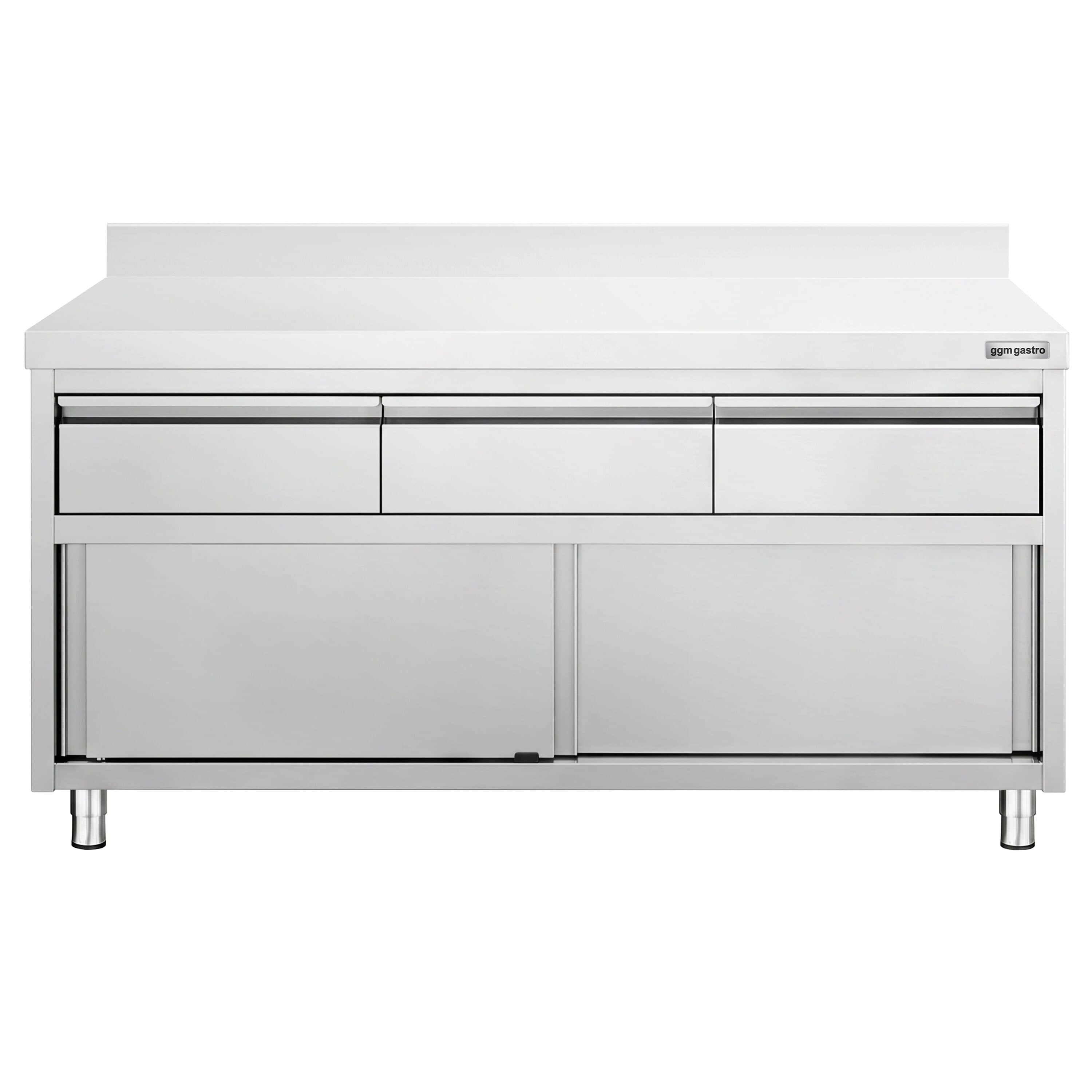 Masă de lucru tip dulap din oțel inoxidabil PREMIUM – 1600 x 600 mm – cu margine ridicată – cu 3 sertare și ușă glisantă — 4