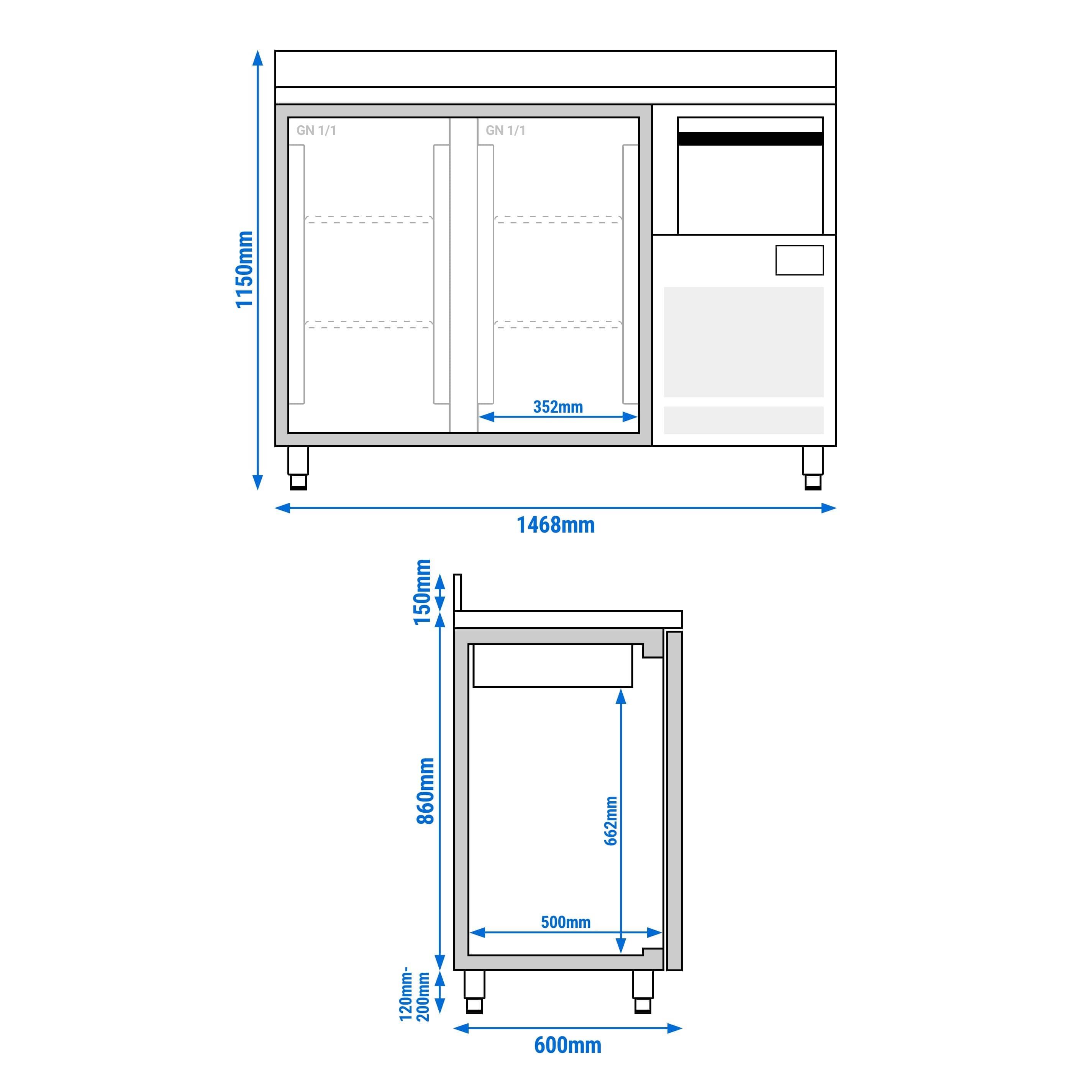 Frigider Bar Profesional PREMIUM PLUS - 1468x600 mm - 340 L - cu 2 uși pline, bordură spate 100 mm & sertar pentru zaț de cafea (knock box) — 10