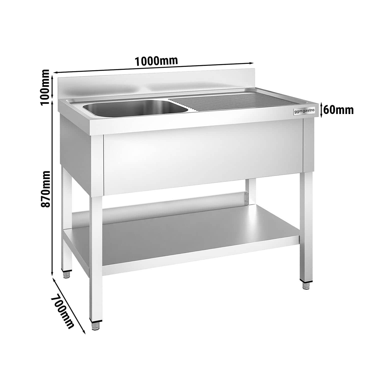 Chiuvetă profesională pentru oale PREMIUM - 1000x700 mm - cu poliță inferioară - cu 1 cuvă - cuva pe stânga — 3