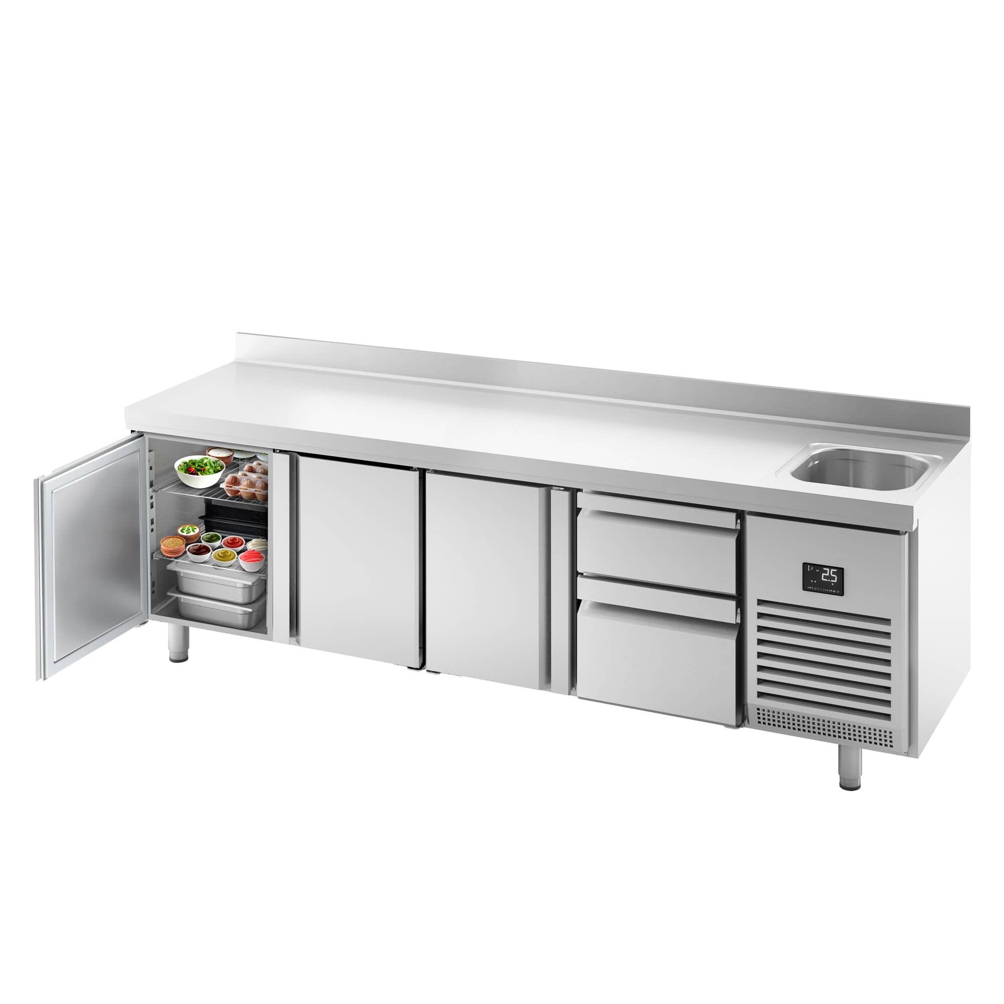 Masă frigorifică Premium PLUS – 2452 x 600 mm – cu 1 cuvă, 3 uși – 2 sertare – rebord — 4