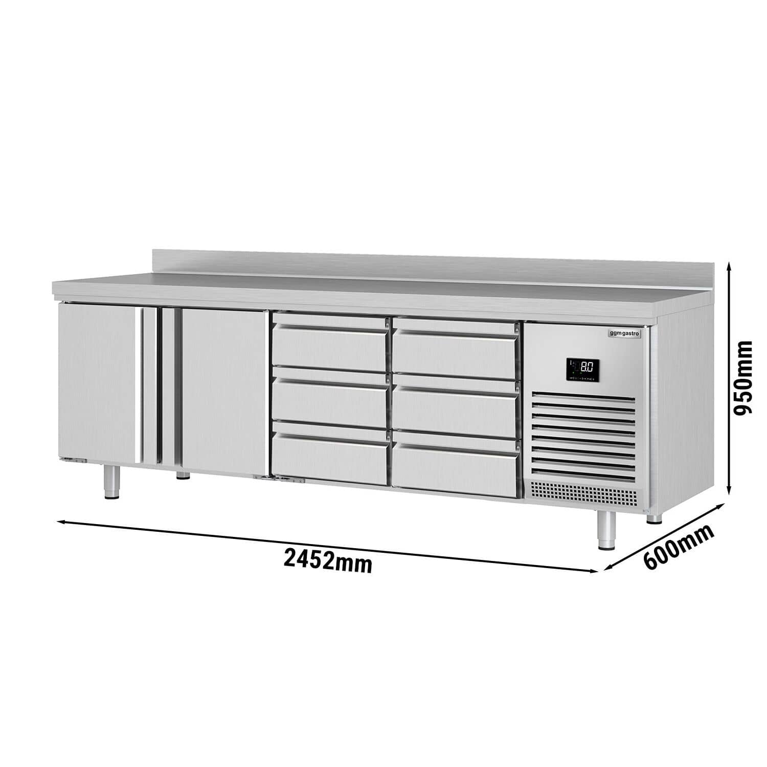 Masă frigorifică Premium PLUS – 2452 x 600 mm – cu 2 uși – 6 sertare 1/3 – cu rebord — 3