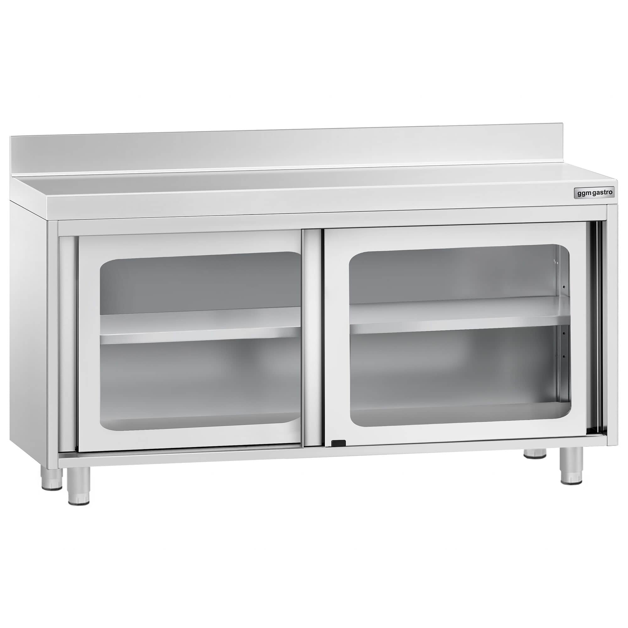 Masă de lucru tip dulap din oțel inoxidabil PREMIUM - 1400x600 mm - uși glisante din sticlă - cu rebord — 4