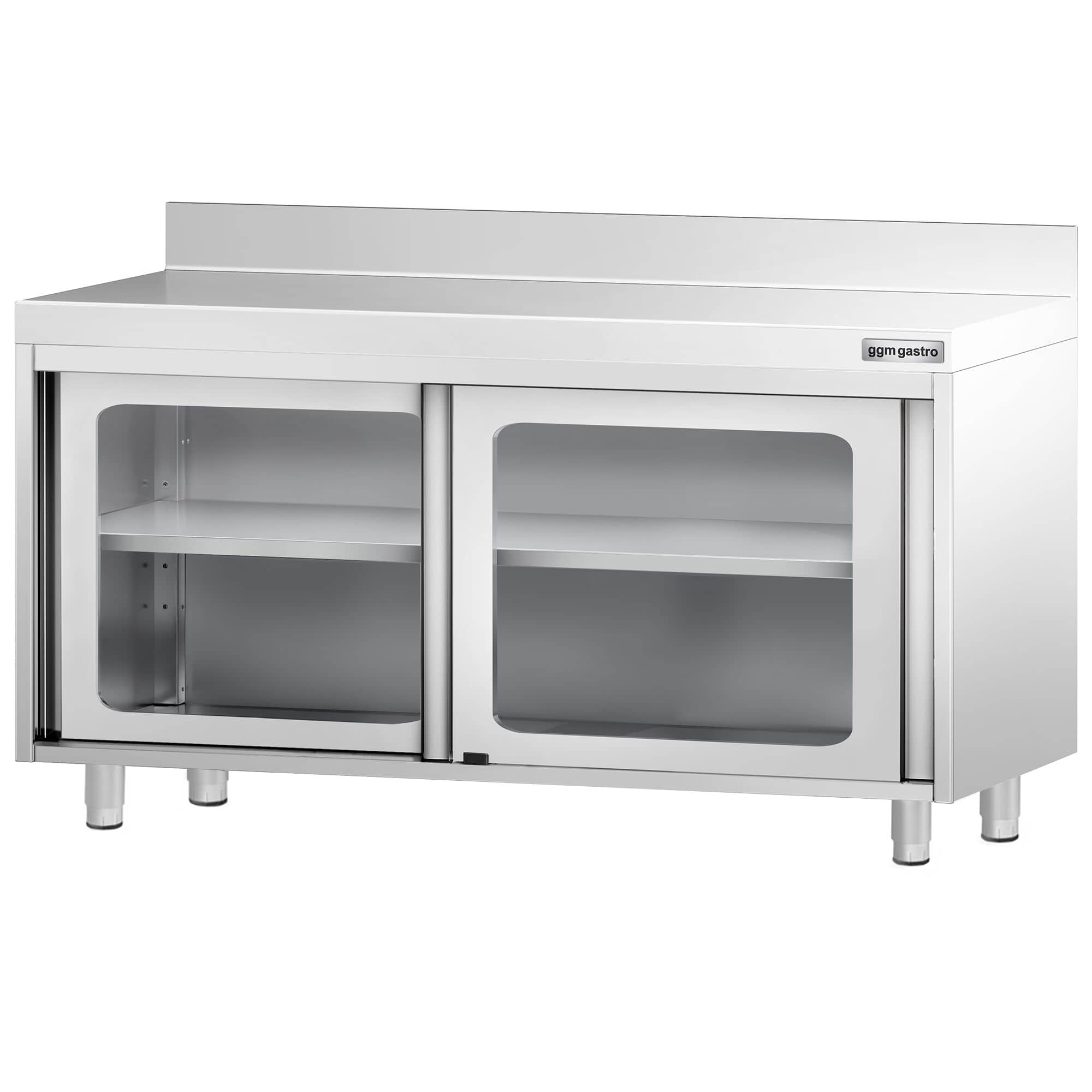 Masă de lucru tip dulap din oțel inoxidabil PREMIUM - 1400x600 mm - uși glisante din sticlă - cu rebord — 7