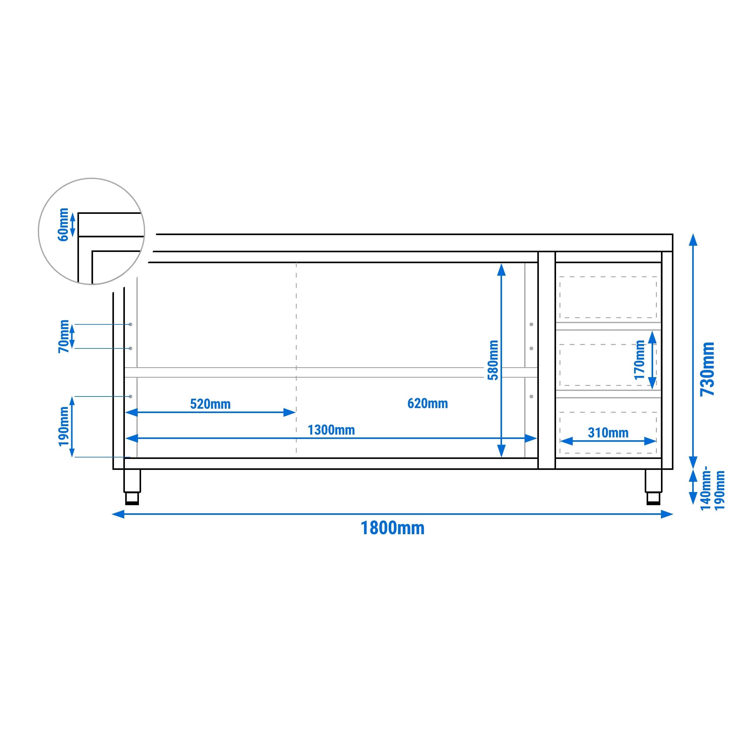 Dulap de lucru din oțel inoxidabil PREMIUM - 1800 x 700 mm - cu 3 sertare pe partea dreaptă — 19