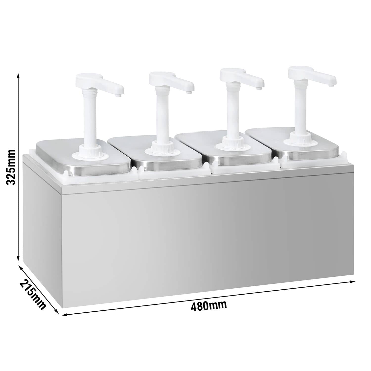 Dozator sosuri - oțel inoxidabil - 4x 2 litri - dozare 30 ml - dozaj reglabil - 480x215x325 mm - cu Recipient - incl. Suport inox dozatoare sosuri — 3