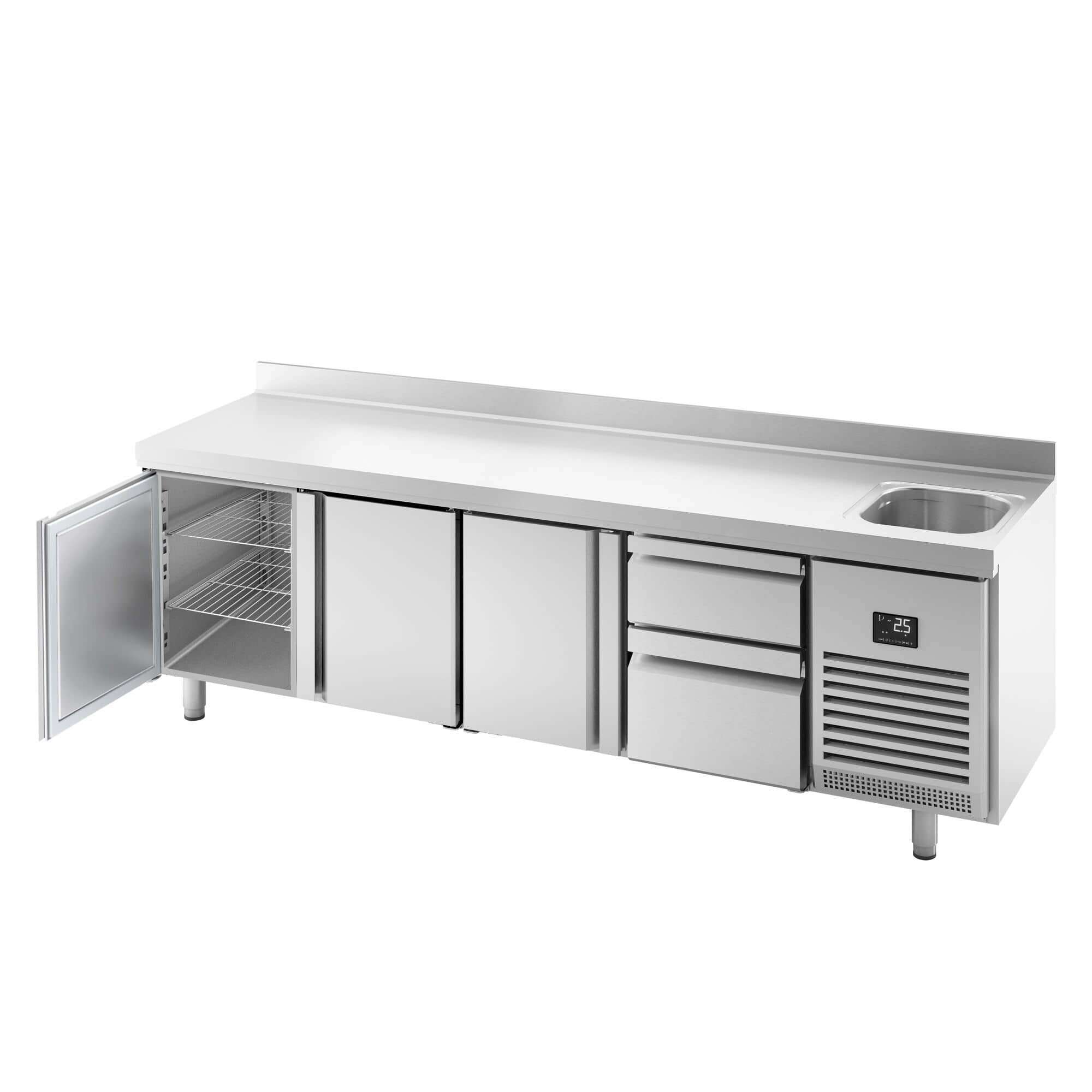 Masă frigorifică Premium PLUS – 2452 x 600 mm – cu 1 cuvă, 3 uși – 2 sertare – rebord — 5