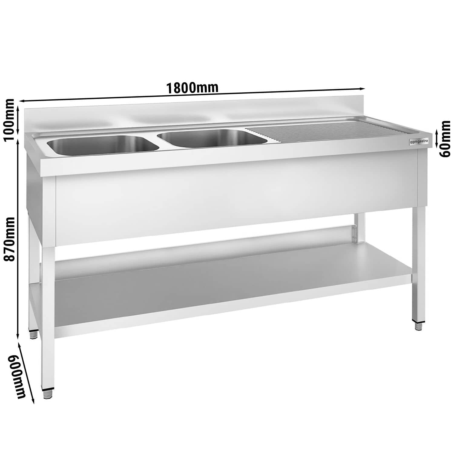 Chiuvetă profesională PREMIUM - 1800x600 mm - cu poliță inferioară - cu 2 cuve — 3