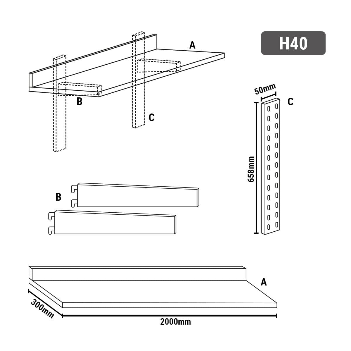 Poliță de perete din oțel inoxidabil PREMIUM - 2000x300 mm - cu 1 poliță — 11