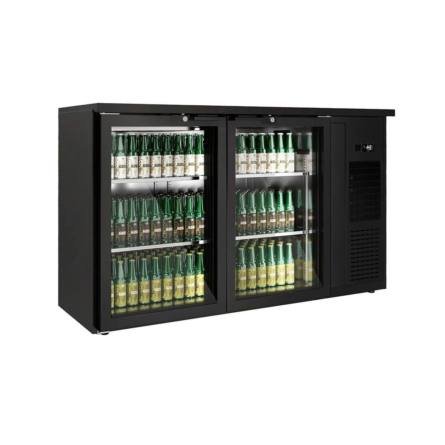 Frigider Bar Profesional PREMIUM PLUS - 1435x512 mm - 264 L - 2 uși din sticlă, uși batante, iluminare LED & încuietoare - negru — 2